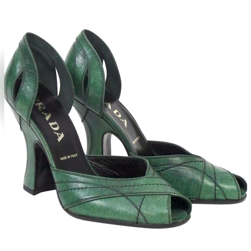 VINTAGE Prada green open toe leather  heels